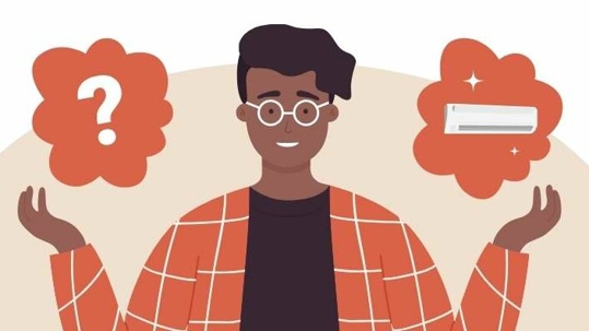 A stylized image shows a person pondering between a question and a cleaned AC unit.