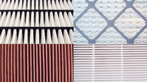 Four images of air filters are placed in a grid.