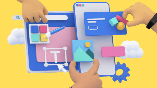 Hands drag and drop website elements on a mobile phone. "Add a Video" tool thumbnail.