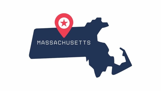 Massachusetts outline with a red pin icon in the northeast corner.