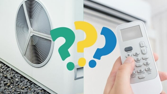 Air conditioning units and a hand with a remote, with question marks.