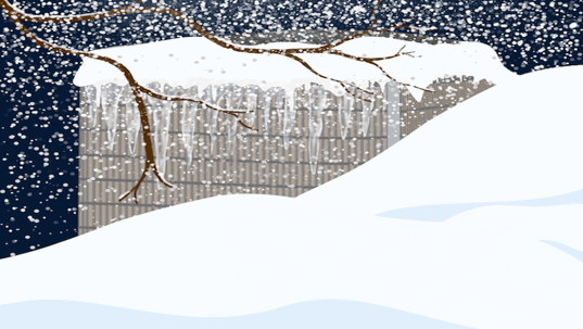 Snow-covered roof with icicles and snow drifts in the foreground.